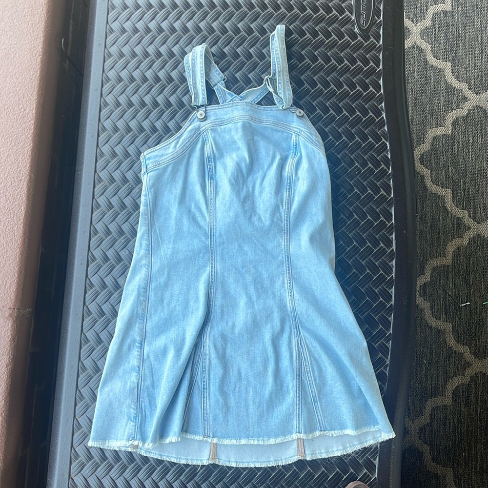 American eagle denim mini dress with frayed edge and cross back with cutout